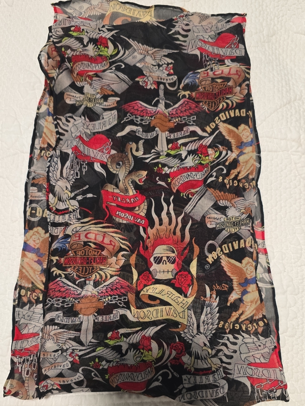 Harley-Davidson Black Sheer Scarf with Red and Cream Tattoo Motif